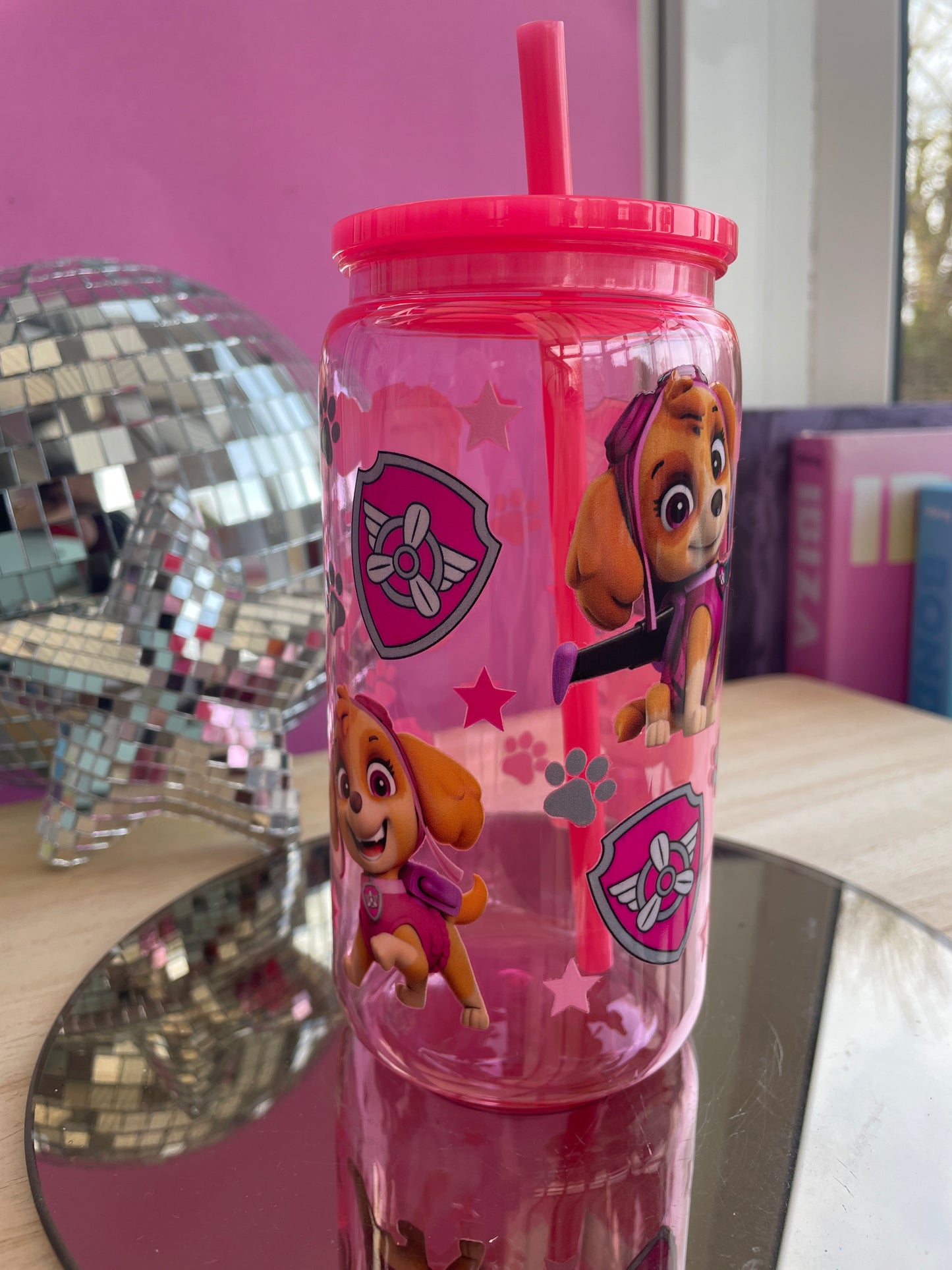 Paw Patrol pink decorated plastic mason jar