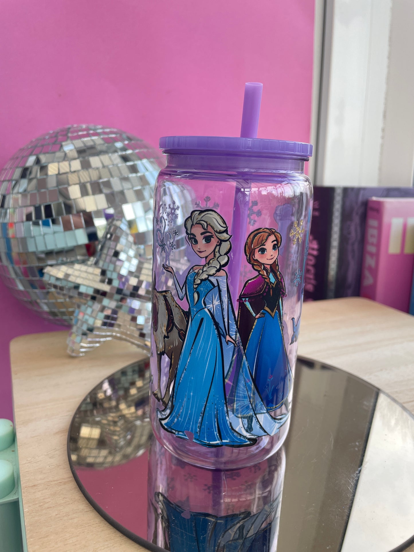 Frozen decorated purple tinted mason jar