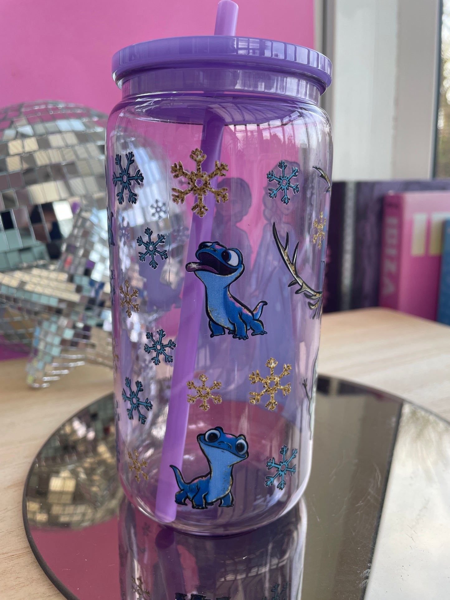 Frozen decorated purple tinted mason jar