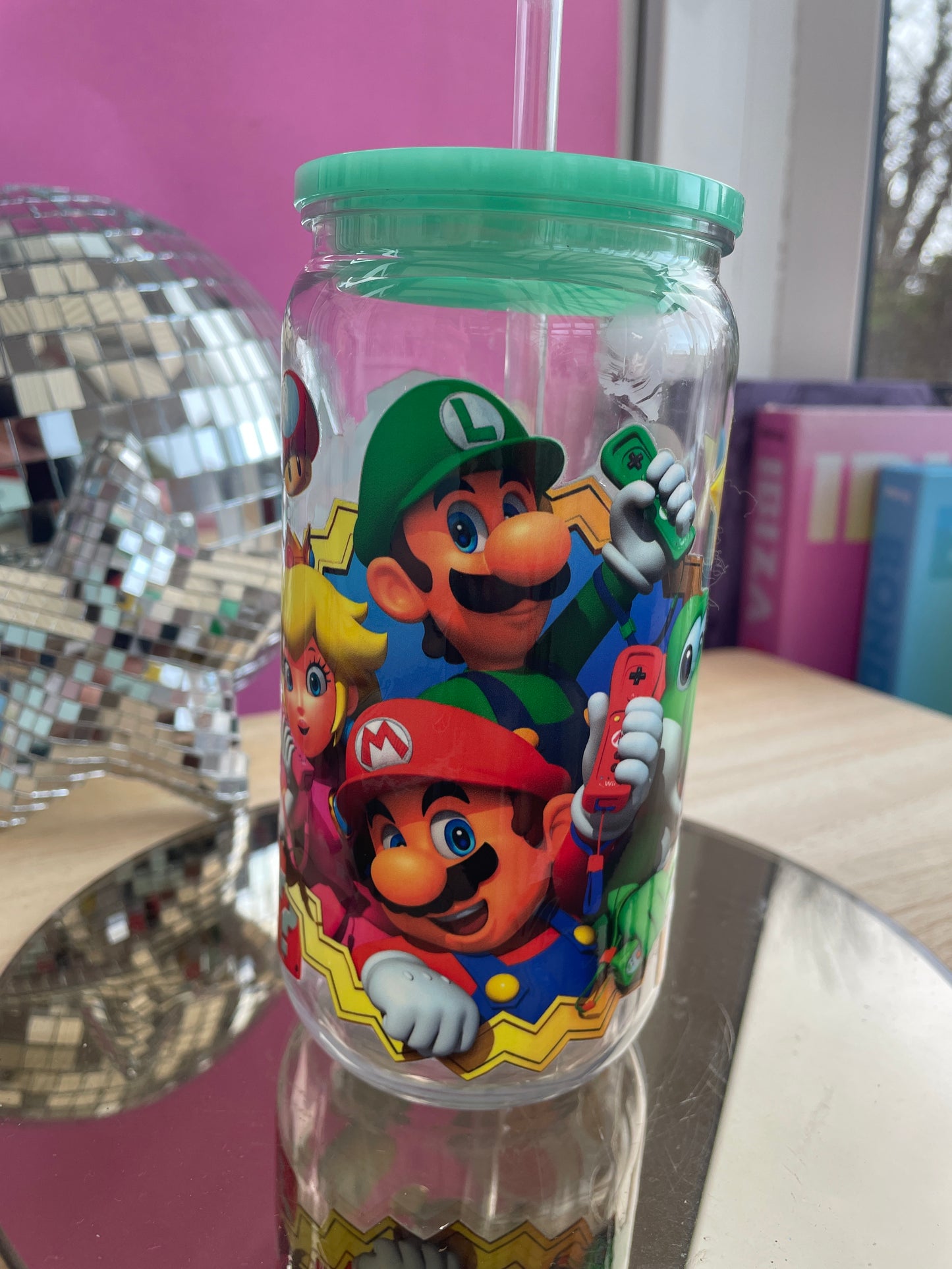 Mario Bros decorated plastic mason jar