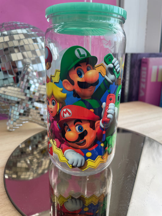 Mario Bros decorated plastic mason jar