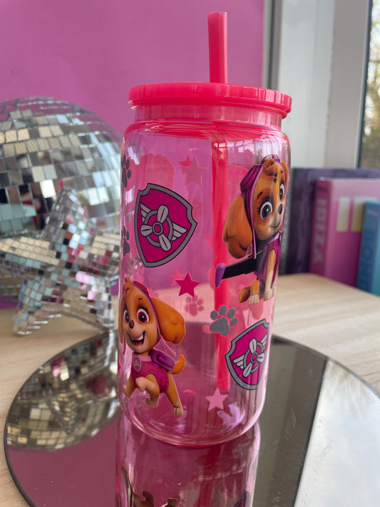 Paw Patrol pink decorated plastic mason jar