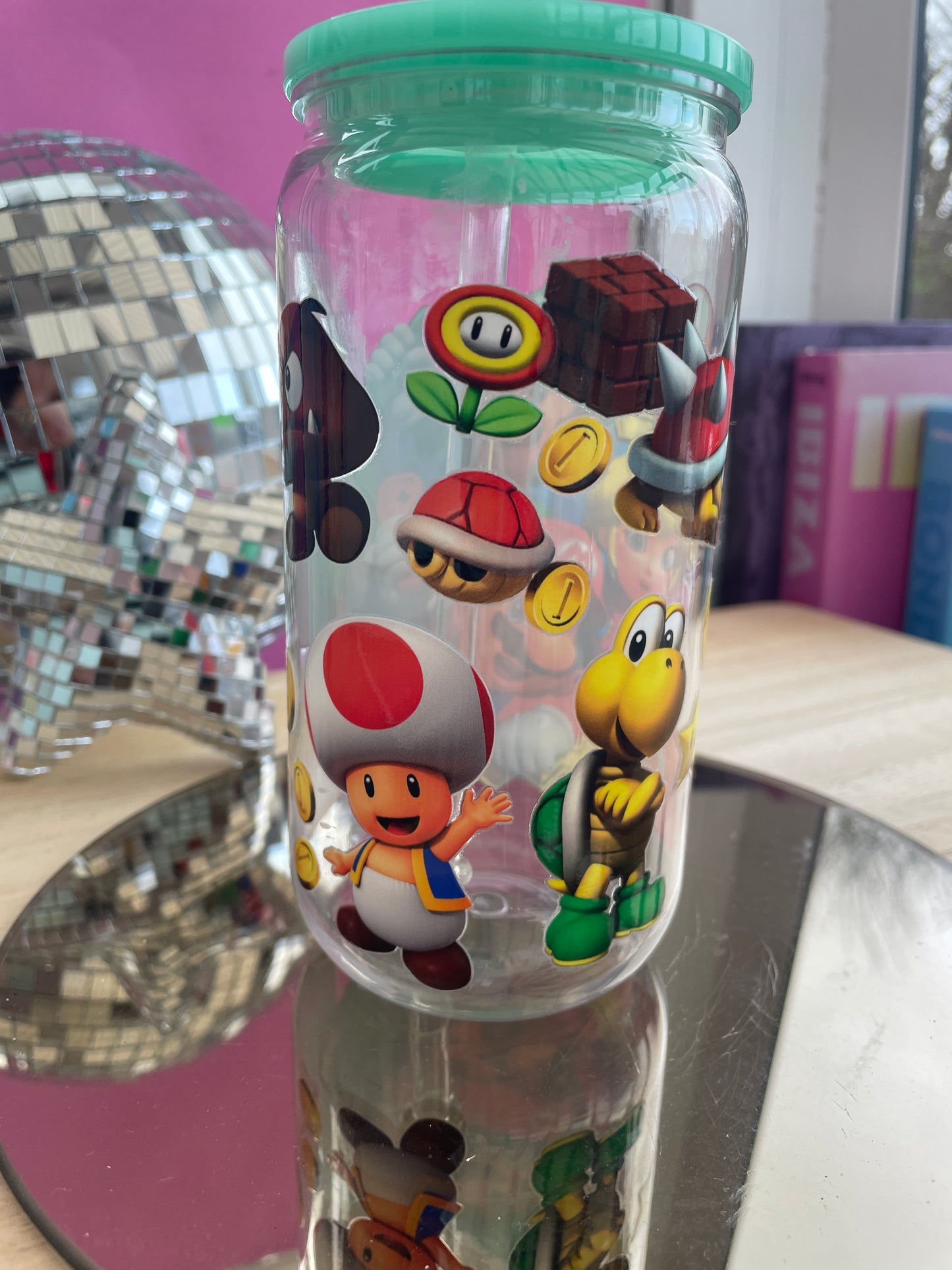 Mario Bros decorated plastic mason jar