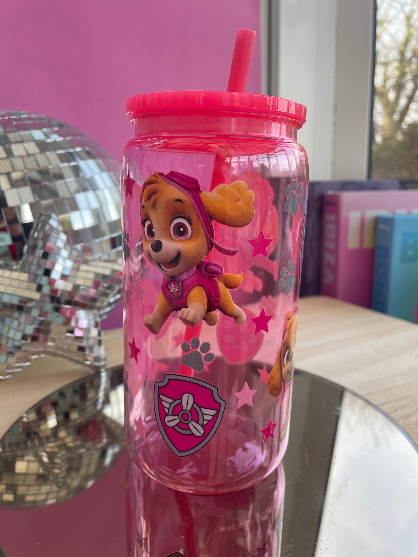 Paw Patrol pink decorated plastic mason jar