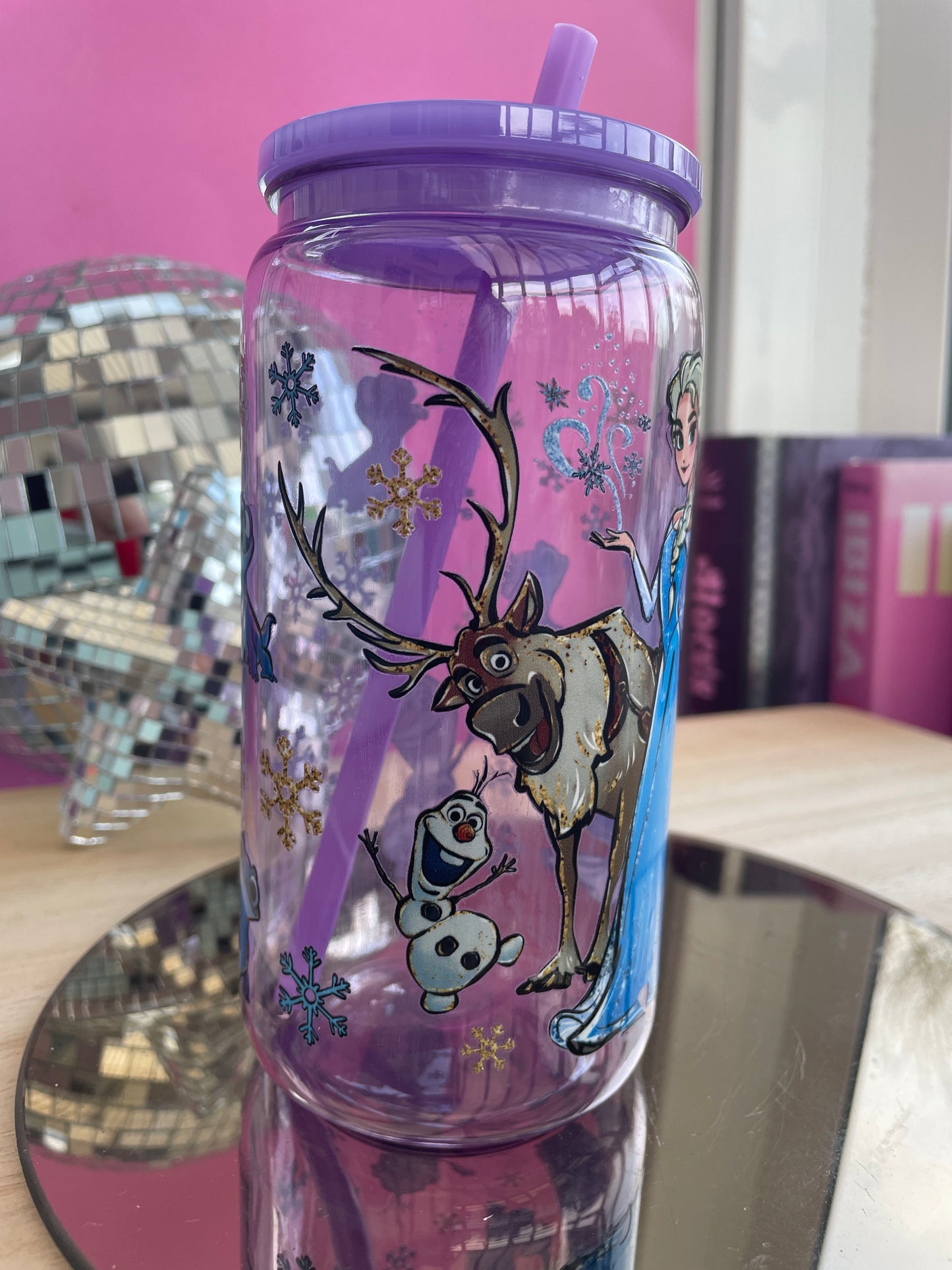 Frozen decorated purple tinted mason jar