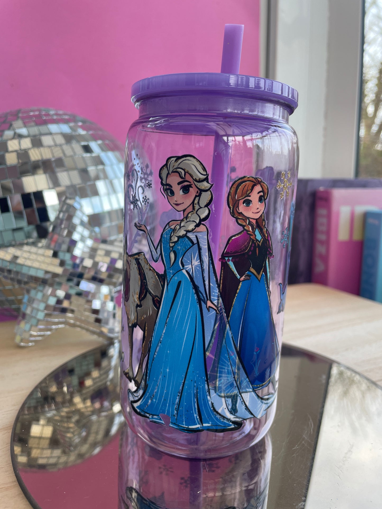 Frozen decorated purple tinted mason jar