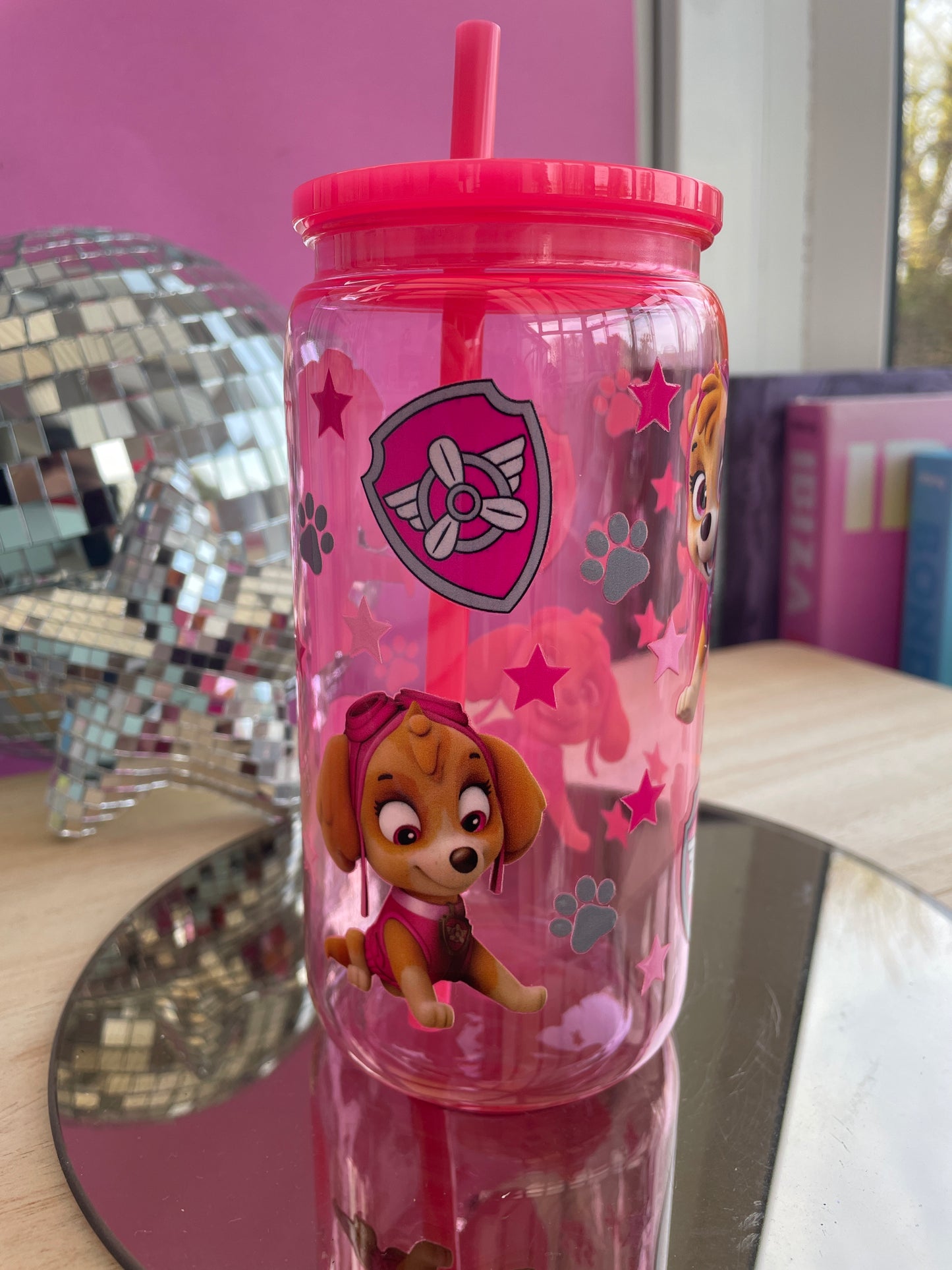 Paw Patrol pink decorated plastic mason jar