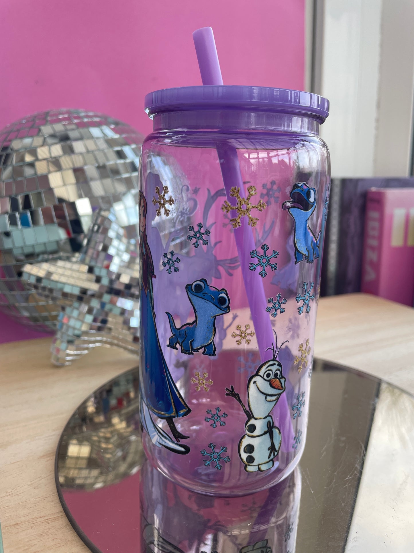 Frozen decorated purple tinted mason jar