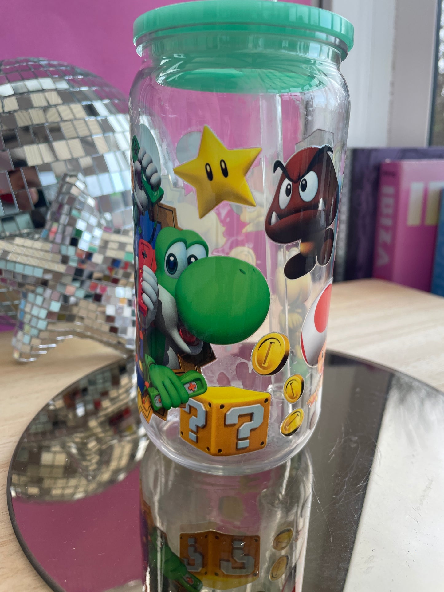 Mario Bros decorated plastic mason jar