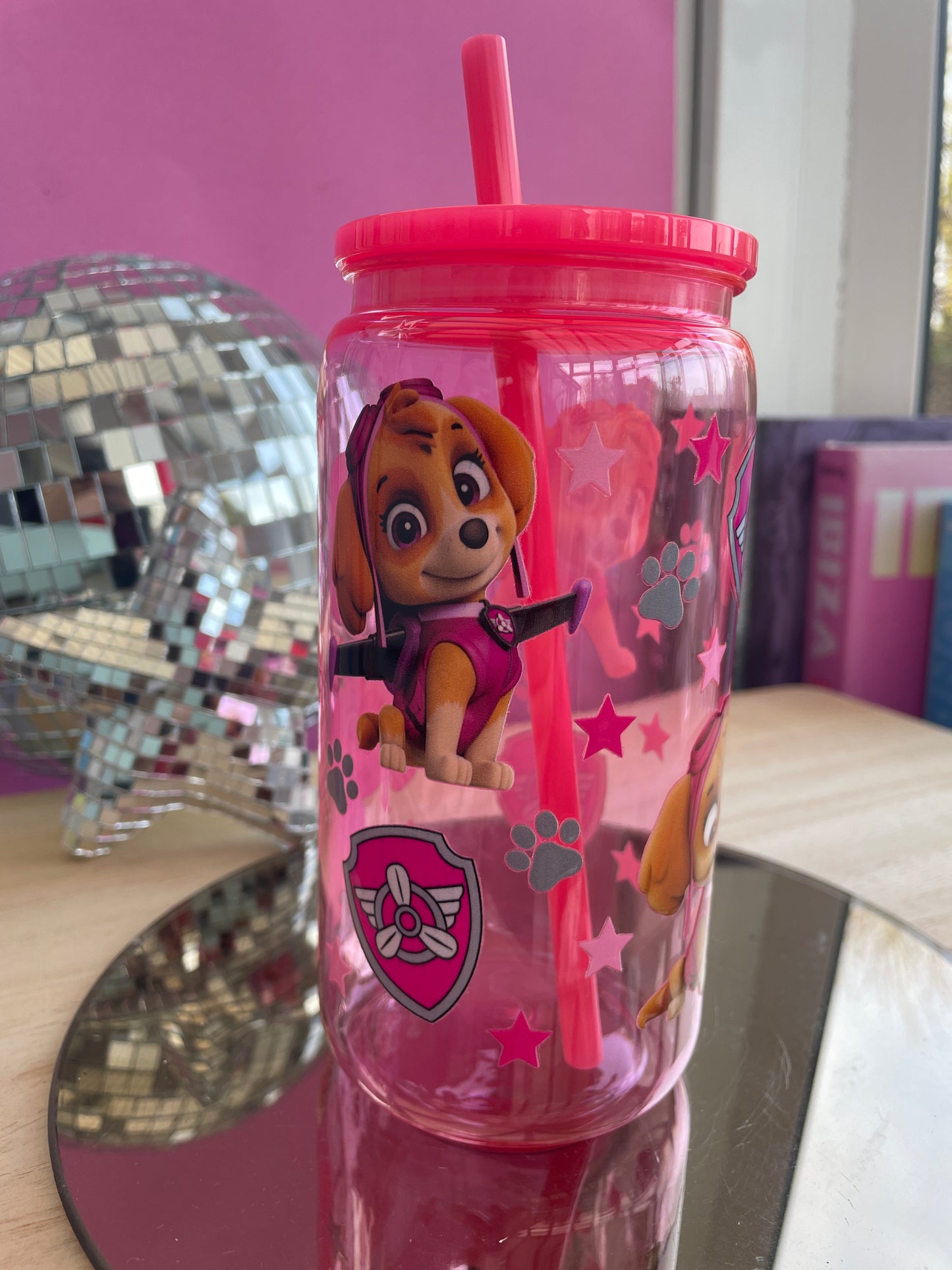 Paw Patrol pink decorated plastic mason jar