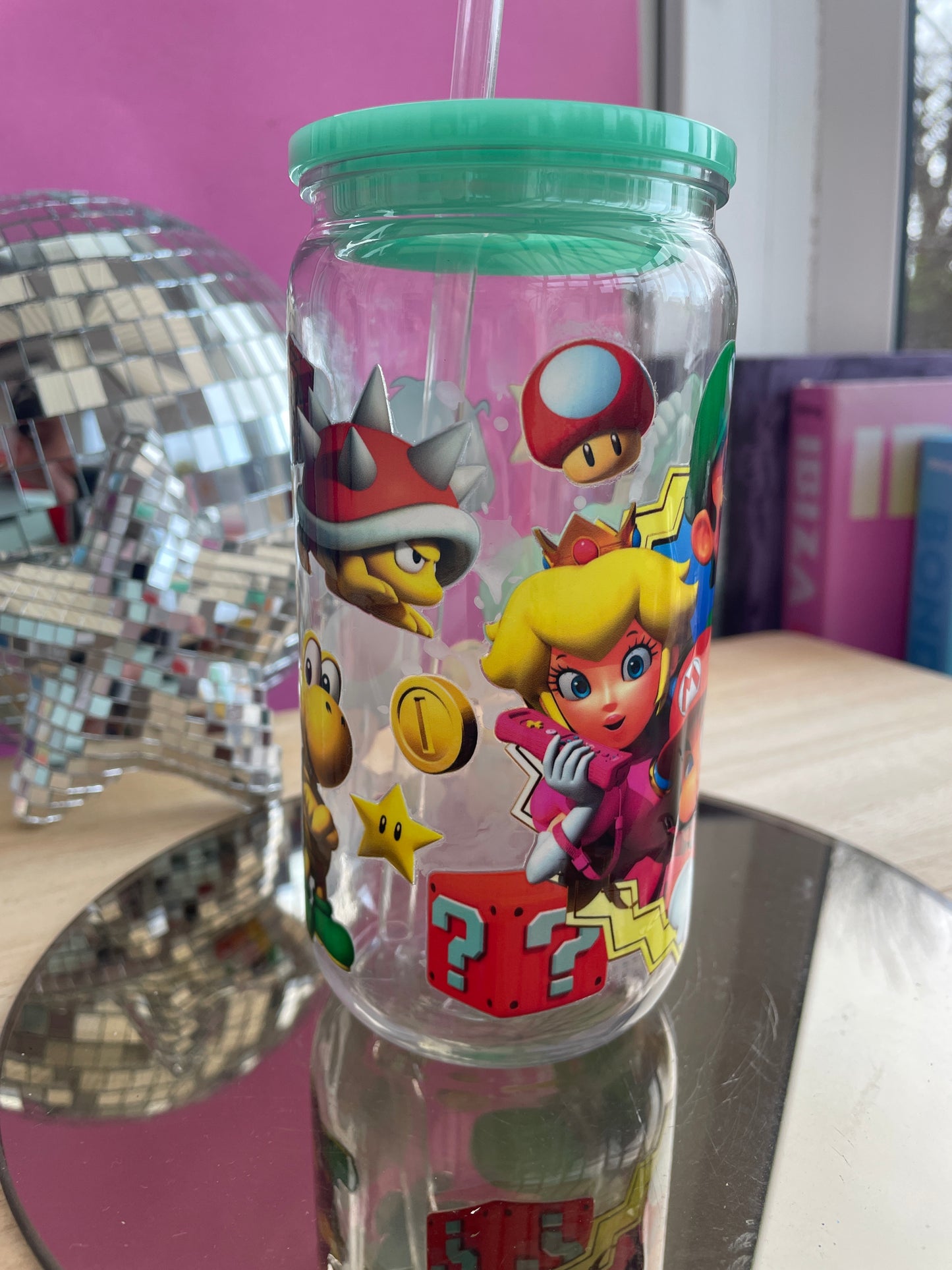 Mario Bros decorated plastic mason jar