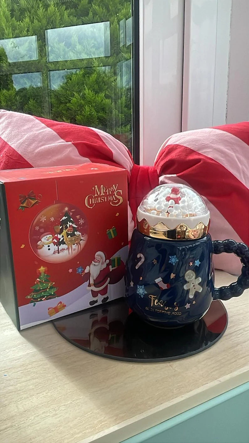 Christmas Snow Globe Ceramic Mug with Lid