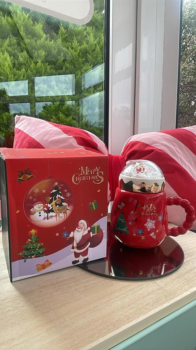 Christmas Snow Globe Ceramic Mug with Lid