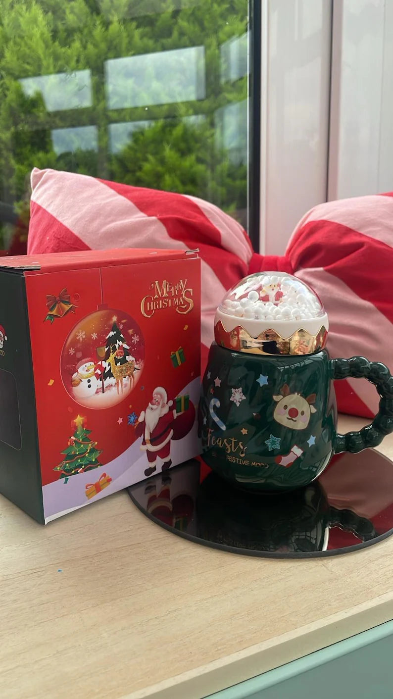 Christmas Snow Globe Ceramic Mug with Lid