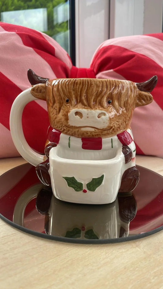 Highland Cow Christmas Mug with Biscuit Pocket
