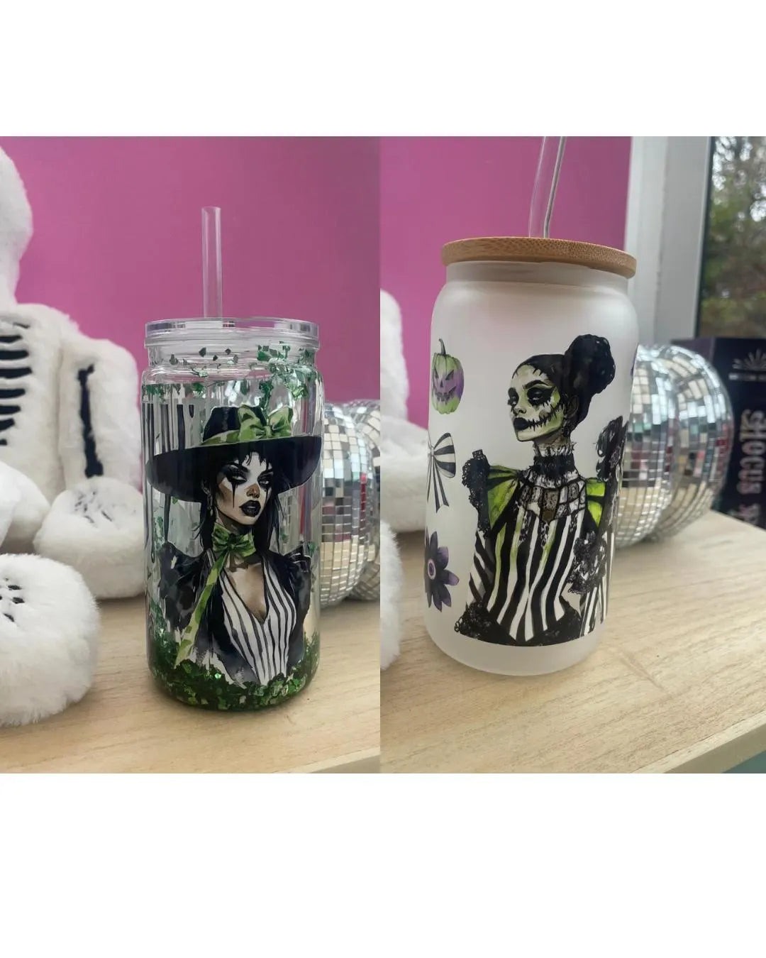 Female Woman BeetleJuice Halloween Glass Frosted